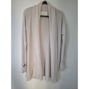 LOFT Lounge Cardigan Women M Beige Collared Long Sleeve Ribbed Sweater Top